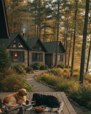 Two dogs on a wooden deck overlooking a stone cottage, autumn forest, and lake at sunset