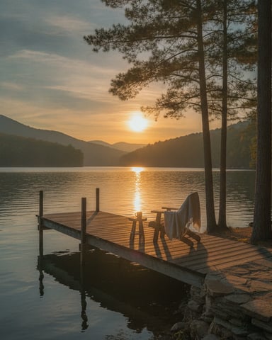Wooden dock with Adirondack chairs on a mountain lake at sunset, surrounded by tall pine trees