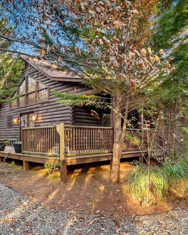 Small red-roofed cabin tucked into a misty pine forest on a green mountain slope